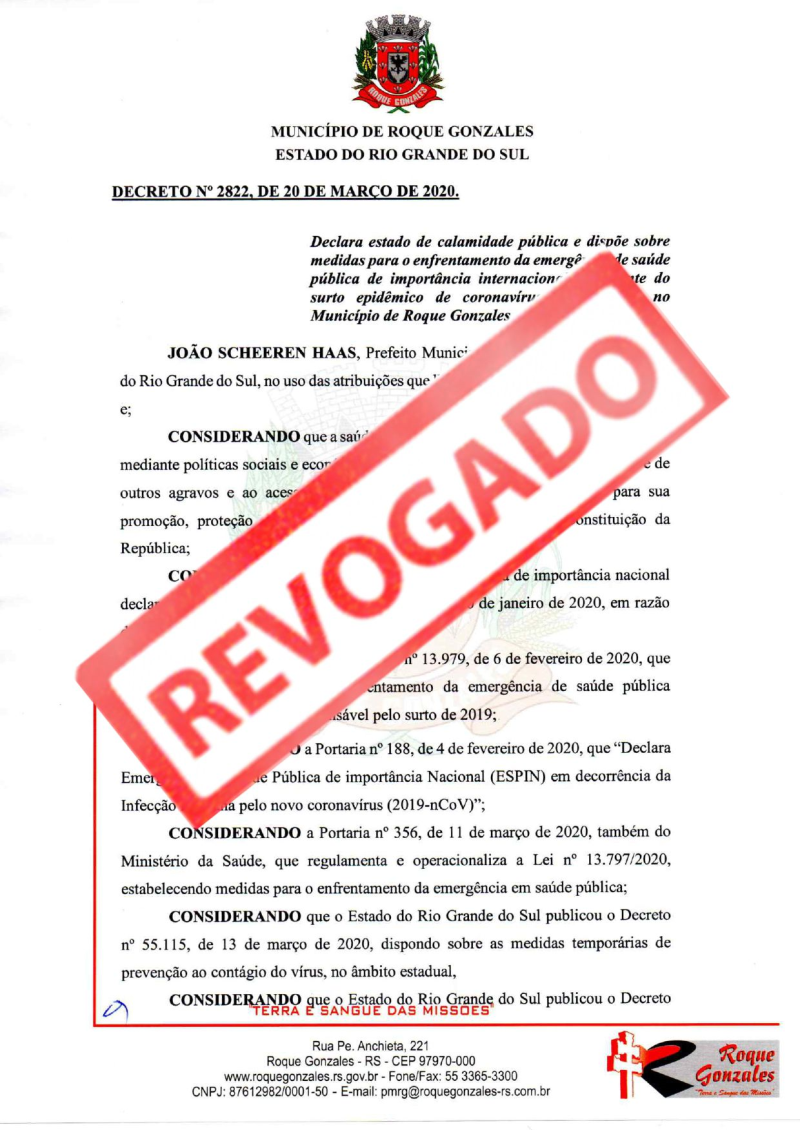PREFEITO REVOGA DECRETO N° 2.822, DE 20 DE MARÇO 2020